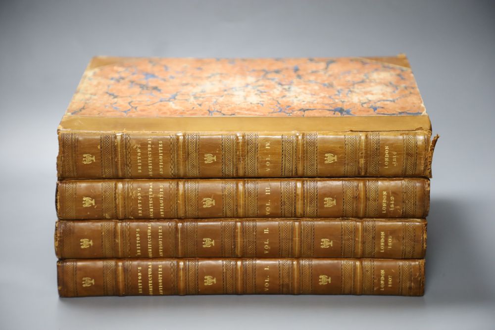 Britton, John - The Architectural Antiquities of Great Britain, 4 vols (of 5) qto, contemporary calf, London 1807-26